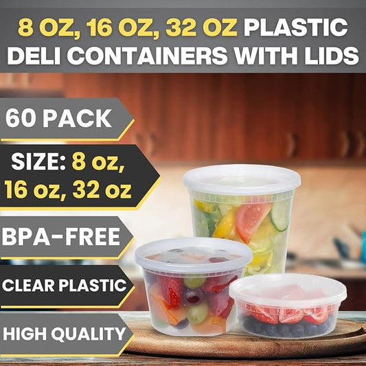 Plastic Deli Containers with Lids Combo Set, 32oz 16oz 8oz Food Storage Containers with Lids, Stackable, Leakproof, BPA Free, Microwave and Freezer Safe for Meal Prep, Salad, Snacks.