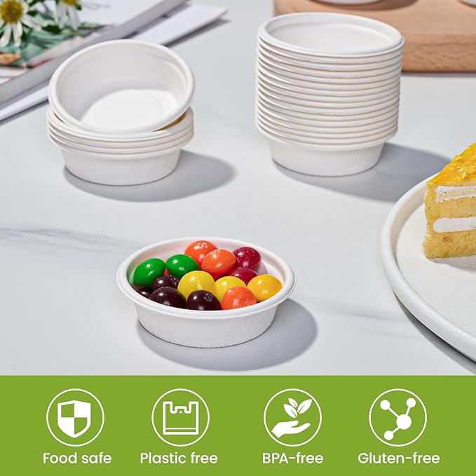 ECOLipak 1 oz Compostable Condiment Cups, 500 Pack Biodegradable Bagasse Portion Cups for Samples, Jello Shots, Tastings, Dessert, Juice, Souffle