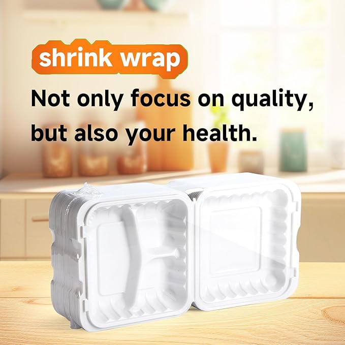 YANGRUI Clamshell Food Containers, 65 Pack 7.8 Inch BPA Free Reusable To Go Container 30 oz Shrink Wrap 3 Compartment Freezer and Microwave Safe MFPP Take Out Boxes