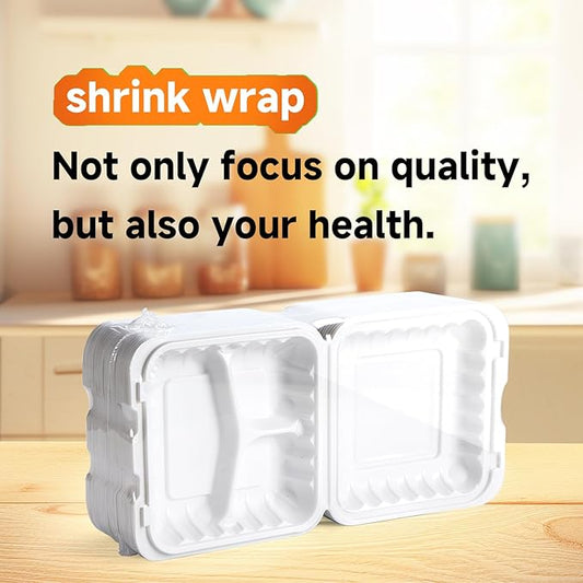 YANGRUI Clamshell Food Containers, 65 Pack 7.8 Inch BPA Free Reusable To Go Container 30 oz Shrink Wrap 3 Compartment Freezer and Microwave Safe MFPP Take Out Boxes