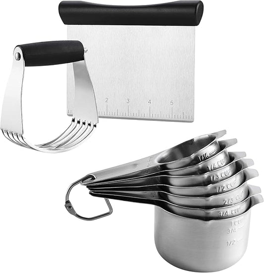 Spring Chef Stainless Steel Dough Blender and Bench Scraper Set, Black & Stainless Steel Round Measuring Cups, Set of 7-2 Product Bundle