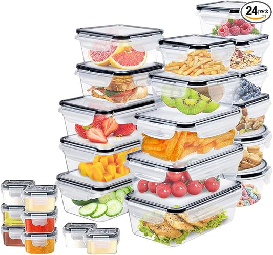 Plastic Food Storage Containers with Lids – Plastic Food Containers with Lid Airtight, Leakproof, BPA-Free – Perfect for Meal Prep, Snacks, and Leftovers (24 plastic pack)