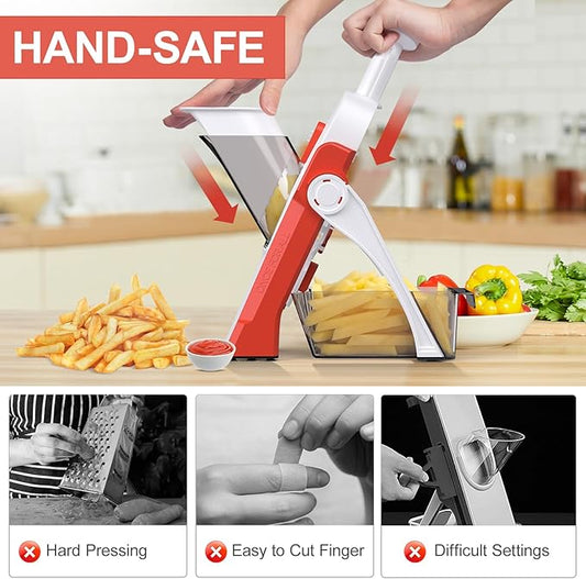 5 in 1 Safe Mandoline Slicer for Kitchen, Safe Vegetable Chopper, Paring Knife, Adjustable Thickness, Easy to Clean, Vegetable Slicer, Slicing, Strips, Shredding, Dicing,Chop (Tropical Orange)