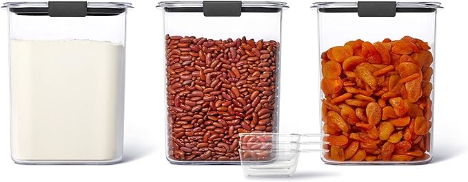 Rubbermaid Brilliance BPA-Free Food Storage Containers with Lids Airtight Kitchen and Pantry Organization Set Includes 3 Containers and Scoops Clear 16 cups