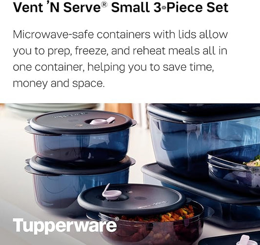 Tupperware Brand Vent ‘N Serve Container Set - 3 Small Round Containers to Prep, Freeze & Reheat Meals + Lids - Dishwasher, Microwave & Freezer Safe - BPA Free