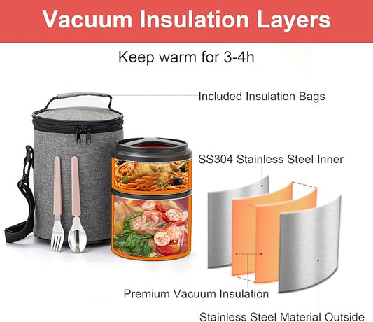 Lille Home 1500ml Thermos Food Flask, Vacuum Insulated Stackable Stainless Steel Thermal Lunch/Snack Box, 2-Tier Bento/Food Container with Lunch Bag (Red)
