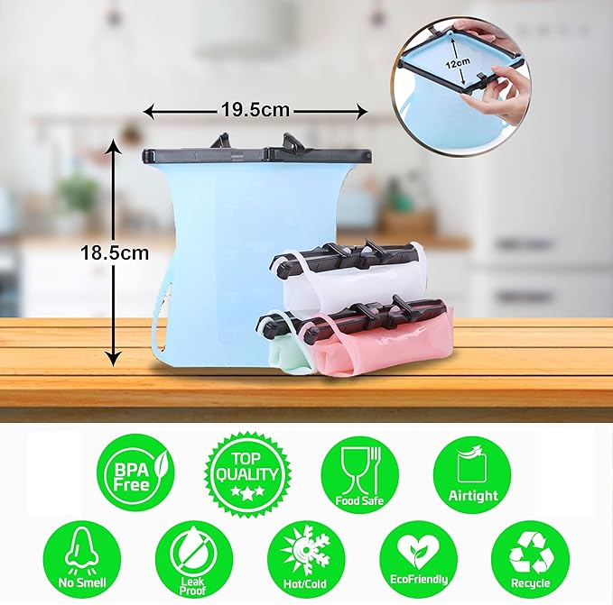 Reusable Food Bag Silicone Storage Dishwasher Safe Easy Dry Bags Food Bunker Flat Bottom Freezer Bags No Pop Open Stand-Up Snack & Sandwich Bags Reusable Ziplock Silicone Sous Vide Bag