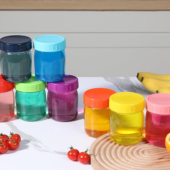 novelinks 8oz Plastic Jars With Lids Colorful Lid Mason Jars 16 Pack 8 oz Plastic Containers With Lids For Diy Food Milkshake Salads Snake Jams Spices (16)