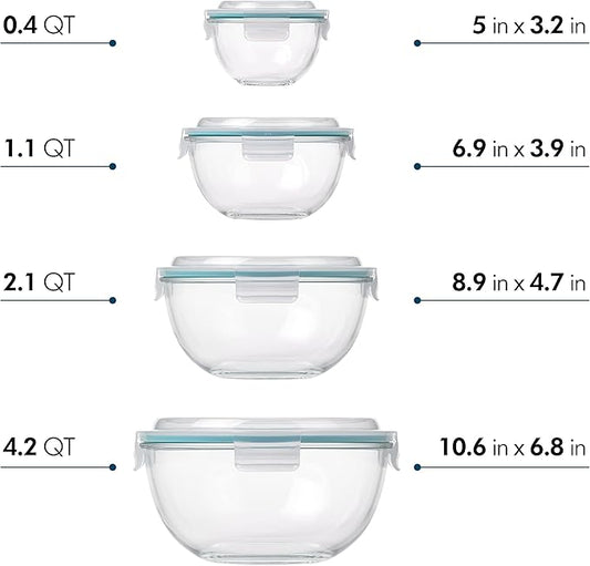 Glasslock Mixing Bowl with Latching Lids 8-Pieces Set – Airtight, Leakproof, BPA Free Lids, Nesting, Meal Prep, Baking, Salad, Food Storage & Serving Bowl, Microwave, Fridge & Freezer, Dishwasher Safe