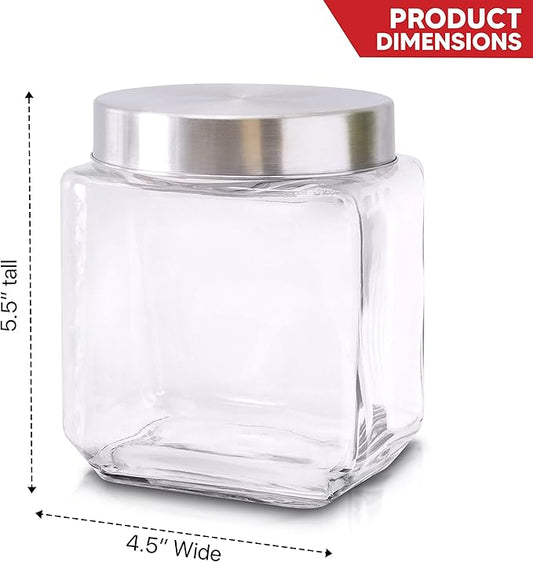 Food Storage Containers – Set of 3 Glass Jars with Stainless Steel Lids – Square Glass Containers for Coffee, Spices, Beans and Food – Reinforced Lid for Secure Closure – 40oz