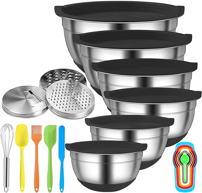Menbyci 6 Pcs Mixing Bowls with Lids,Stainless Steel Mixing Bowls with 3 Grater Attachments,Non-Slip Bottoms,Kitchen Utensils,Mixing Bowl Set for Kitchen Mixing Baking Prepping Cooking Serving,Black