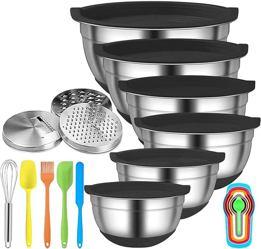 Menbyci 6 Pcs Mixing Bowls with Lids,Stainless Steel Mixing Bowls with 3 Grater Attachments,Non-Slip Bottoms,Kitchen Utensils,Mixing Bowl Set for Kitchen Mixing Baking Prepping Cooking Serving,Black