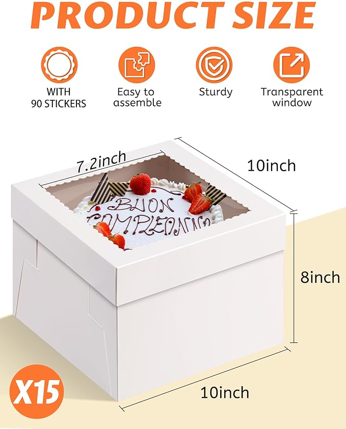 15 Pcs Cake Boxes 10x10x8 Inch White with Window, Bakers Bread Box Containers for Dessert, Pastry, Cookie, Bento, Birthday, Wedding, Cake Decoration Supplies for bakery or Gift Giving