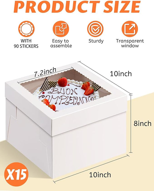 15 Pcs Cake Boxes 10x10x8 Inch White with Window, Bakers Bread Box Containers for Dessert, Pastry, Cookie, Bento, Birthday, Wedding, Cake Decoration Supplies for bakery or Gift Giving