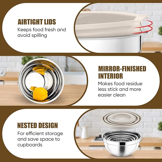P&P CHEF Mixing Bowl with Lid Set of 5, 10-Piece Stainless Steel Nesting Salad Bowl Set for Prepping, Mixing and Serving, Size 4.6, 3, 1.5, 1, 0.7 QT, Rimmed Edges & Flat Base, Khaki