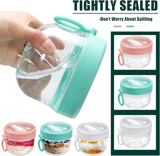 Rtteri 6 Pcs 20 oz Large Overnight Oats Containers with Lids and Spoons Plastic Yogurt Jars Leakproof Overnight Oats Jars with Lids Smoothie Containers Cups for Food Storage, 3 Colors