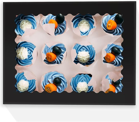 qiqee Black 12 Cupcake Boxes with Window 16-Packs Cupcake Box 13"x10"x3.5" Cupcakes Carrier, 12 Cupcake Containers