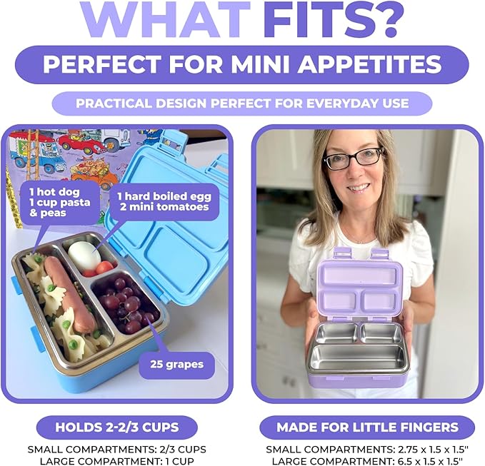 Stainless Steel Lunch Box for Baby Toddlers Girls, Mini Bento, 3 Eco Metal Portion Sections Leakproof Lid, Pre-School Daycare Lunches, Toddler Kids Spill-Proof Snack Container, 18 oz/550 mL Purple