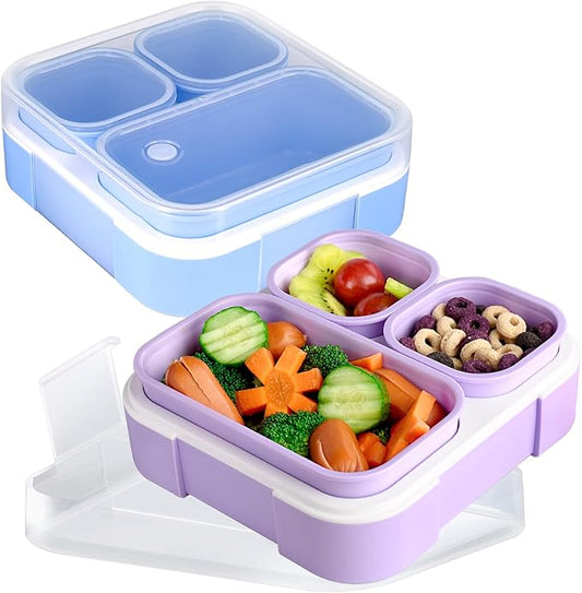 Genteen Small Kids Snack Containers for School 3 Compartment Travel Snack Containers with Dividers Portion Control Lunch box for Kids with Leak-proof Lids BPA Free (Purple + Blue)
