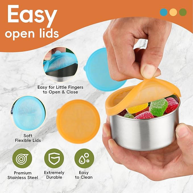 Stainless Steel Snack Containers for Kids Salad Dressing Container To Go Small Snack Box with Silicone Lids Easy Open LeakProof Reusable Metal Toddler Lunch Box for School