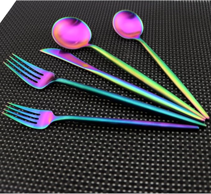 Iridescent Rainbow Multicolor Flatware 20 Pieces Tableware Set Cutlery Set Dinnerware Anti-rust Utensil Set,Salad Spoons Knives and Dessert Forks, Service for 4