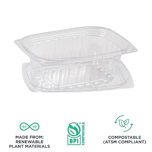 ECO PRODUCTS Compostable 12oz Clear Rectangular Deli Containers With Lids, Pack of 100, Meal Prep, Made from PLA Plastic, A Renewable Material Made from Plants, One Lid For All
