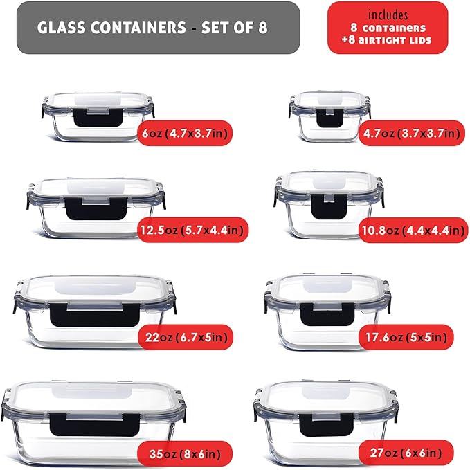 EATEX 16pc Glass Food Storage Containers with Lids, Airtight Glass Meal Prep Containers, 8 Reusable Glass Food Containers with 8 Leakproof Snap Lock Lids, Oven Microwave Freezer Safe Lunch Containers