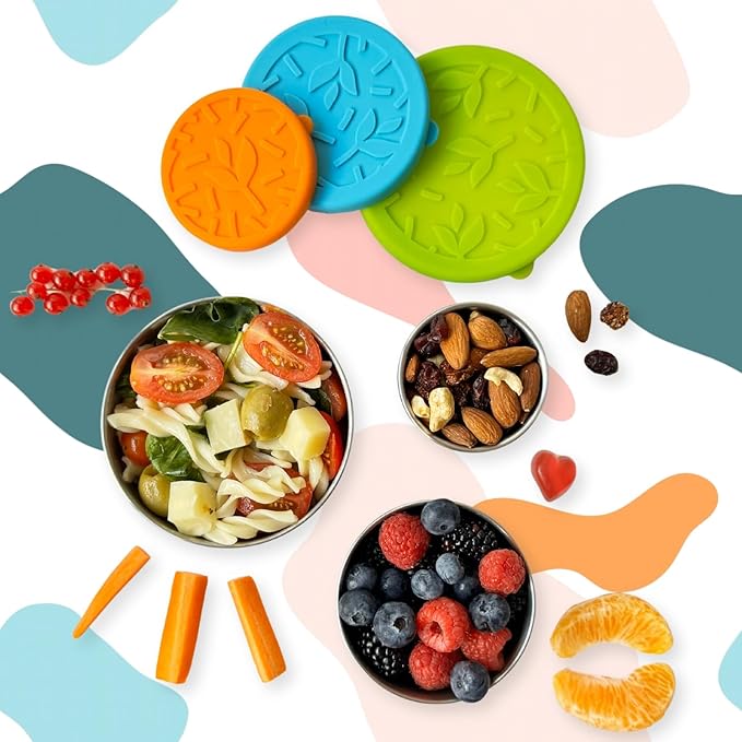 Stainless Steel Lunch Containers for Kids [12oz/ 7oz/ 3oz] - BPA-Free Metal Lunchbox with Leakproof Silicone Lids - Lunch Box for Kids - Small Snack Food Containers with Lids - Dishwasher Safe