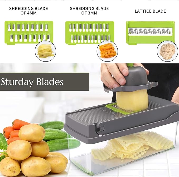 12-in-1 Vegetable Chopper & Slicer Set – Multi-Function Mandoline Cutter, Dicer, Grater, Shredder, and Spiralizer, Perfect for Slicing, Dicing, Chopping, and Food Prep – Easy to Clean & Safe Design