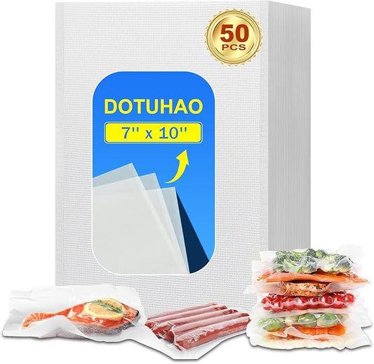 Vacuum Sealer Bags for Food, 7" x 10", 50 Pcs, Reusable, BPA-Free, Plastic, Self Seal, Tear Resistant, Extruded/Calendared Plastic with Air-removal Channels
