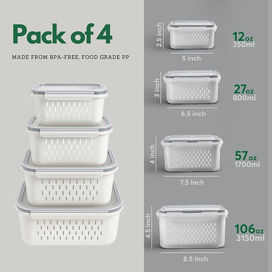 4 PCS Fruit Storage Containers for Fridge with Colanders Dishwasher Safe, Leakproof Fruit and Vegetable Storage BPA-Free Plastic, Produce Storage Keep Berry Fruit Veggie Meat Fresh