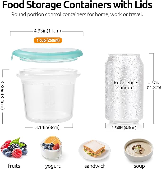 U-Taste 1 Cup Silicone Food Container: Small Kitchen Storage with Airtight Lid, Freezer & Microwave Safe, Fruit Box with Date Marking Circle, Clear Stackable for Meal Prep Portion (Set of 2, Teal)