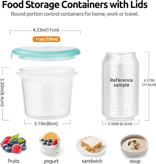 U-Taste 1 Cup Silicone Food Container: Small Kitchen Storage with Airtight Lid, Freezer & Microwave Safe, Fruit Box with Date Marking Circle, Clear Stackable for Meal Prep Portion (Set of 2, Teal)