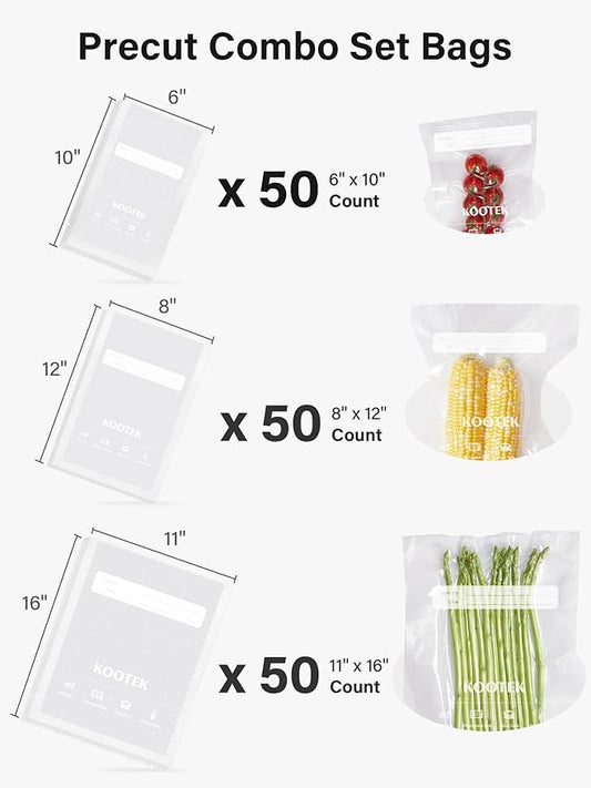 Kootek Vacuum Sealer Bags, 150 Gallon 11" x 16", Quart 8" x 12" and Pint 6" x 10" Vacuum Seal Bags for Food, Commercial Heavy Duty, BPA Free, Precut Food Vac Bag for Storage, Meal Prep or Sous Vide