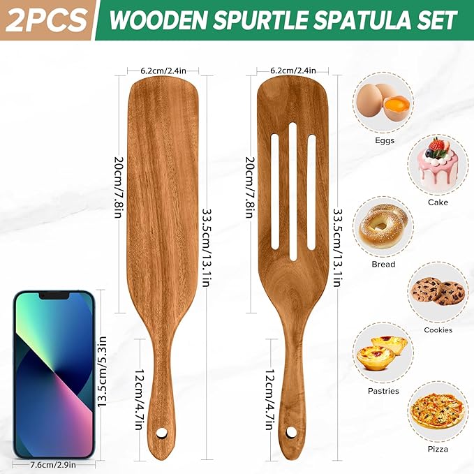Teak Wood Sourdough Bread Baking Supplies,13.2” Wooden Spatula Spoons Utensil Set for Cooking, Skinny Spurtles for Sourdough Starter Jar Reaching, Mixing, Stirring Spreading Essentials Tools,2 Pcs