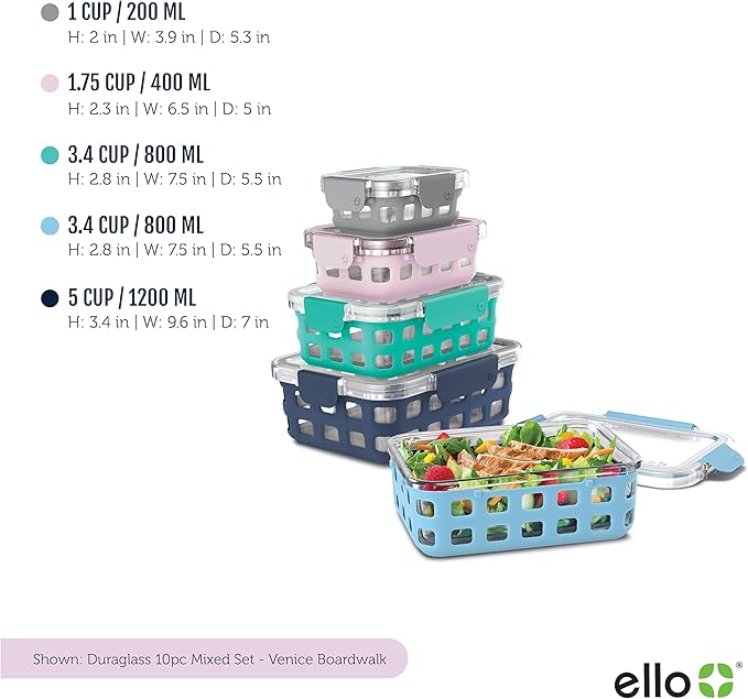 Ello Duraglass Mixed Meal Prep Sets Leak-Proof Glass Food Storage Containers with Silicone Sleeves and Airtight BPA-Free Lids, Dishwasher, Microwave, and Freezer Safe