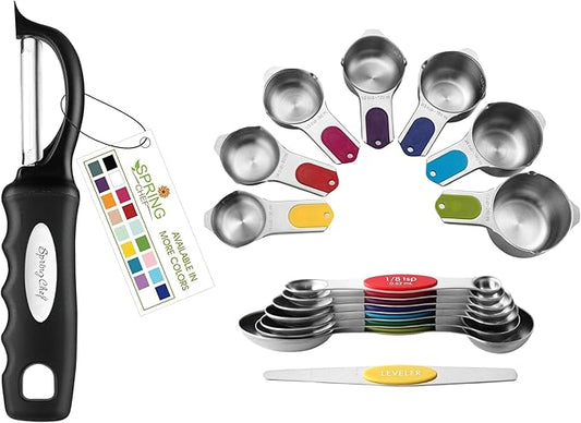 Spring Chef Premium Swivel Vegetable Peeler, Black & Magnetic Measuring Cups & Spoons, Set of 15 with Leveler, Multicolor - 2 Product Bundle