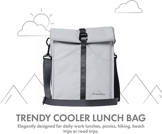 GRANDTIES Insulated Lunch Bag for Women, Men, Adults - Rolltop Leak Proof Meal Prep Lunch Box Containers, Reusable Snack Bags, Travel Cooler, Small Soft Cooler Bag, Fold Top Sandwich Bags, Grey