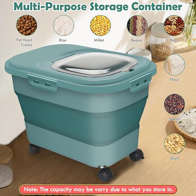 Rice Storage Container, 20Lbs Flour Container, Airtight Large Pet Dog Cat Food Storage Dispenser Bin with Wheels, Scoop & Measuring Cup, Collapsible Kitchen Dry Food Holder for Rice Cereal Kibble