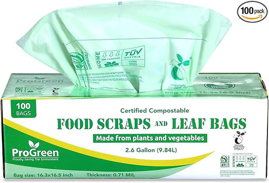 Compostable Trash Bags 2.6 Gallon, 100 Count, Extra Thick 0.71 Mil, Small Compost Kitchen Bin Bags, Food Scraps Yard Waste Bags, Compost ASTM D6400 BPI and TÜV AUSTRIA Certified.