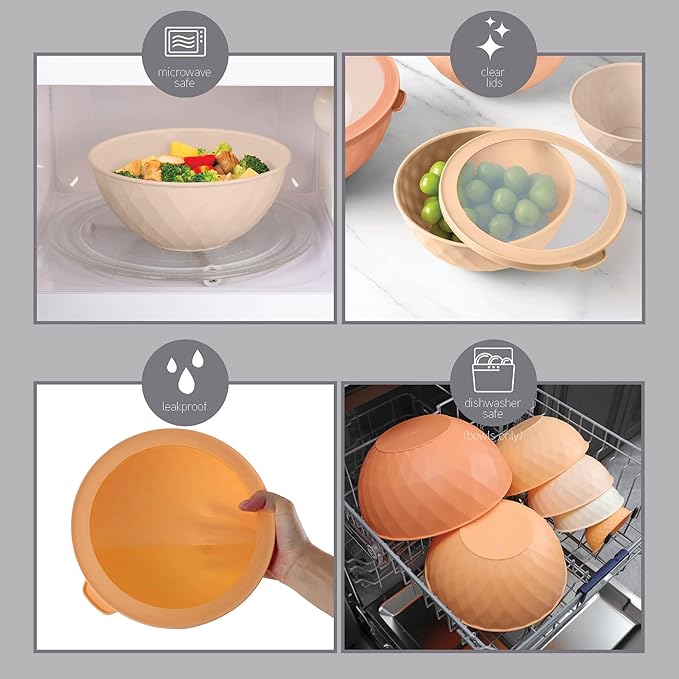 COOK WITH COLOR Mixing Bowls with Lids - 12 Piece Plastic Nesting Bowls Set includes 6 Prep Bowls and 6 Lids, Non Slip Bottom and Diamond Design - Microwave Safe (Mint)