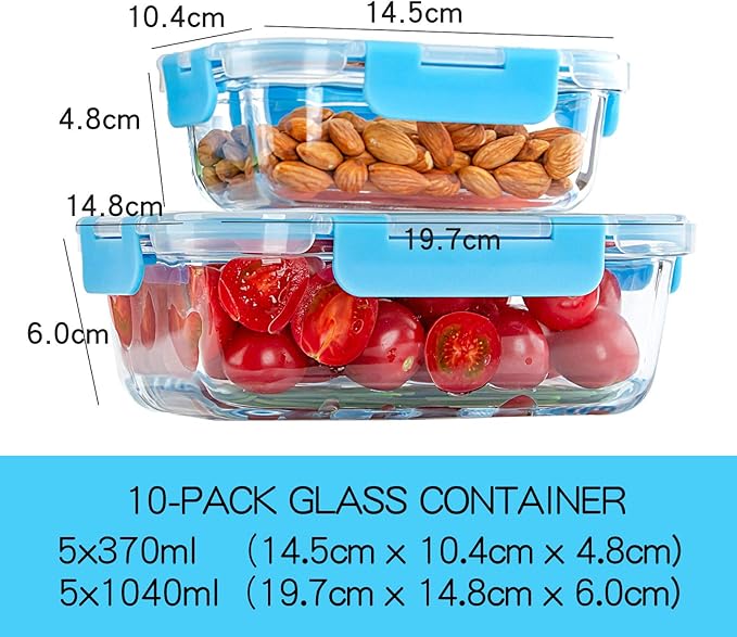 C CREST Glass Meal Prep Containers, [10 Pack] Glass Food Storage Containers with Lids, Airtight Glass Bento Boxes, BPA Free & Leak Proof (10 Lids & 10 Containers)