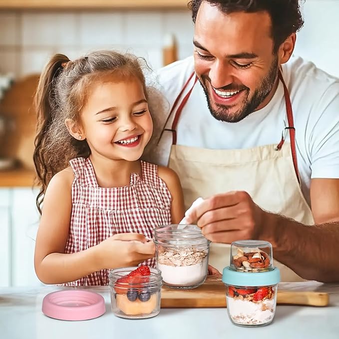 ComSaf 8oz 2 Pcs Overnight Oats Containers with Lids, Glass Yogurt Parfait Cups for Cereal Nut Fruit, Dual-Layer Chia Pudding Jars Reusable, Small Mason Jars for Salad, Meal Prep, Snack, Oatmeal