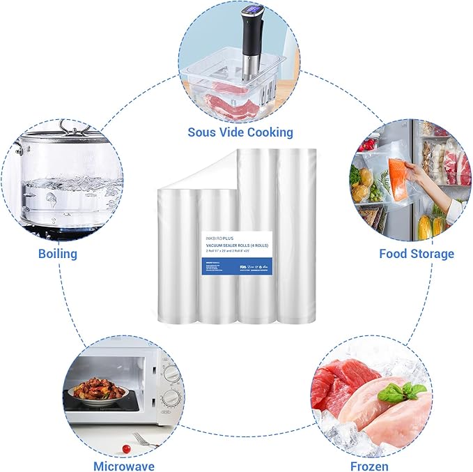 INKBIRD Custom Vacuum Sealer Rolls,Food Storage and Sous Vide Rolls, Vacuum Sealer for Food Preservation 4 Pack Vacuum Sealer Bags 11" x 25' (2 Rolls) & 8" x 25' (2 Rolls), BPA-Free