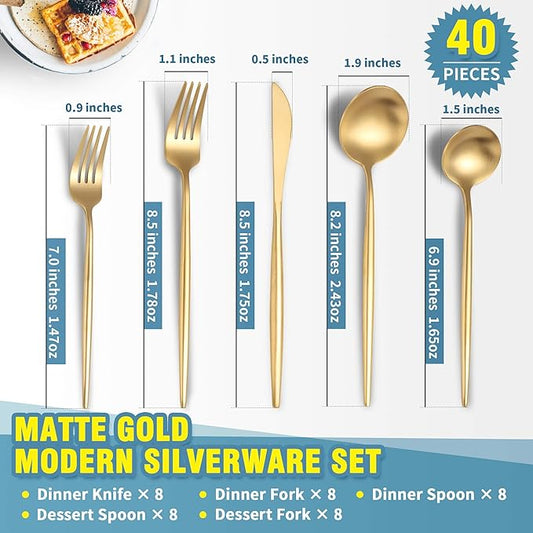Matte Gold Silverware Set for 8,Modern Stainless Steel Brushed Cutlery Set,40-Pieces Heavy Duty Flatware Set,Knives Spoons and Forks Set Utensils Set,Satin Finish,Dishwasher Safe
