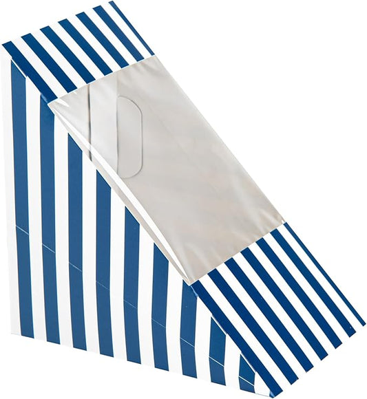 Restaurantware-Cafe Vision 4.8 x 3.2 Inch Sandwich Paper Boxes, 200 Large Sandwich Wedge Boxes - With Window, Disposable, Blue And White Paper Triangle Sandwich Containers, Striped, Grease-Impervious