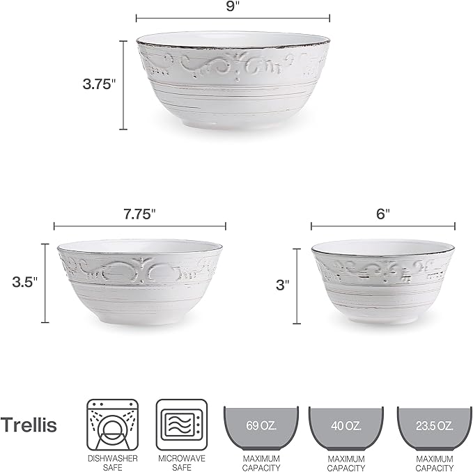 Pfaltzgraff Trellis Serving Set, 3 Piece - White Trellis Serving Bowls (9", 13.75"), Platter Included