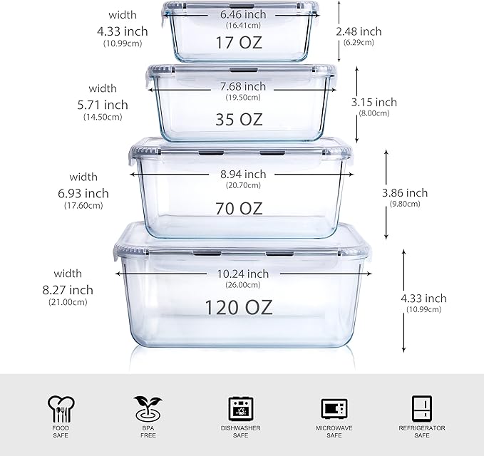 Extra Large Glass Food Storage Containers with Lids, Set-8-Piece Lunch Containers, Ideal for Storing Food, Vegetables, Fruits, Baking Cake & lot of other Tasty Food (Rectangular)