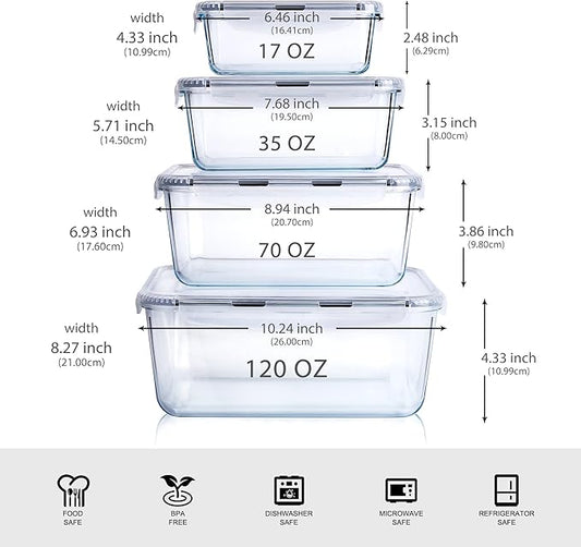 Extra Large Glass Food Storage Containers with Lids, Set-8-Piece Lunch Containers, Ideal for Storing Food, Vegetables, Fruits, Baking Cake & lot of other Tasty Food (Rectangular)