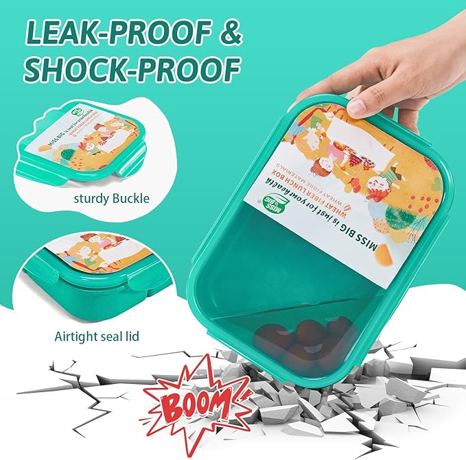 MISS BIG® Bento Box,Bento Box for Kids,Lunch Box Kids,Ideal Leakproof Kids Lunch Box,Lunch Containers No BPAs and Chemical Dyes,M/W,D/W & Fridge Safe(1150ml Green)